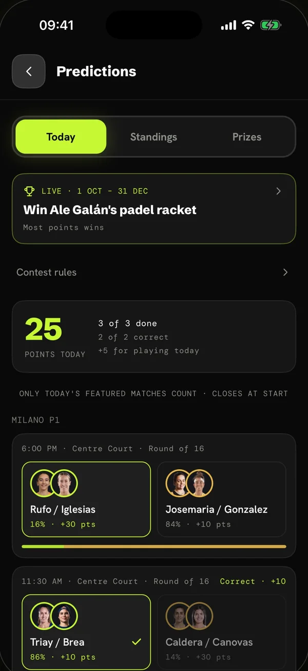 Predictions: the prize up for grabs, your points today and the pair you pick in each featured match