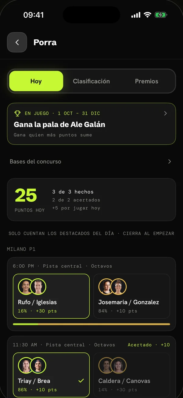 La porra: el premio en juego, tus puntos de hoy y la pareja que eliges en cada partido destacado