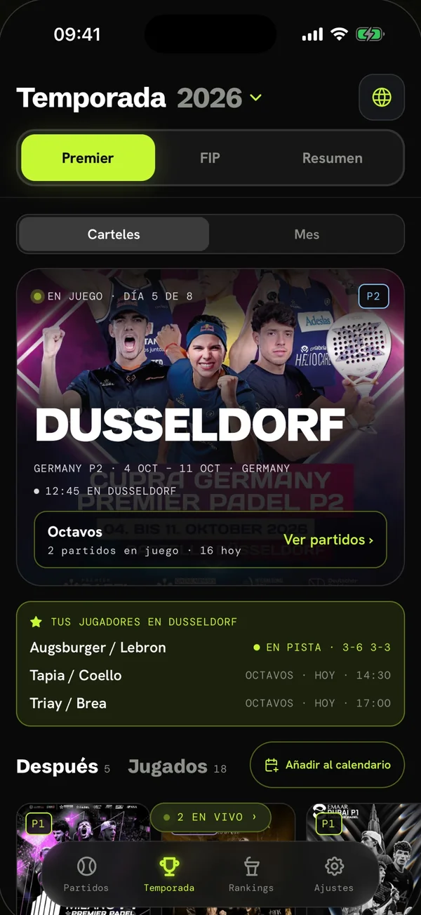 El calendario de la temporada con el cartel de cada torneo y tus jugadores
